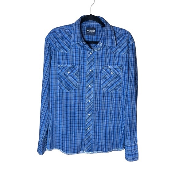 Vintage Wrangler Blue Plaid Pearl Snaps Long Sleeve Lightweight Size Large - Picture 1 of 9